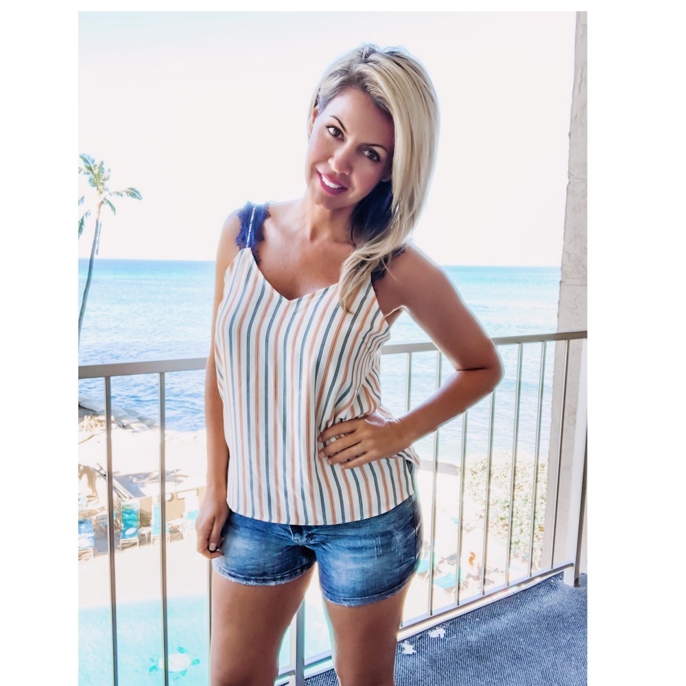 Multi Color Striped Cami with Eyelash Lace Straps - Picture 6 of 7